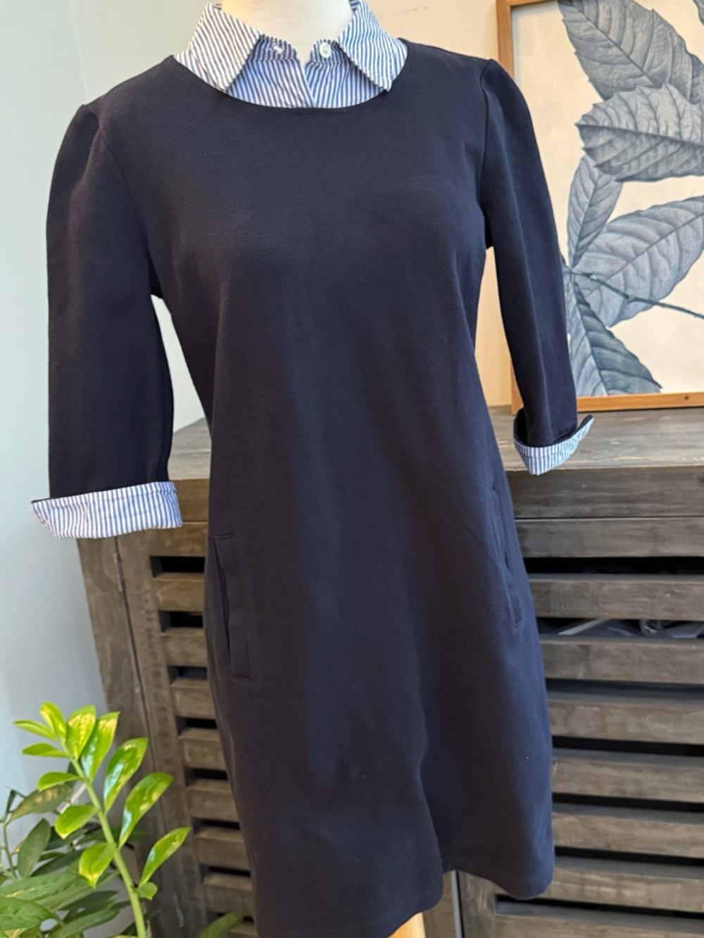 Talbots Petite Navy Shift Midi Dress Small Petite Striped Collar 3/4 Sleeve